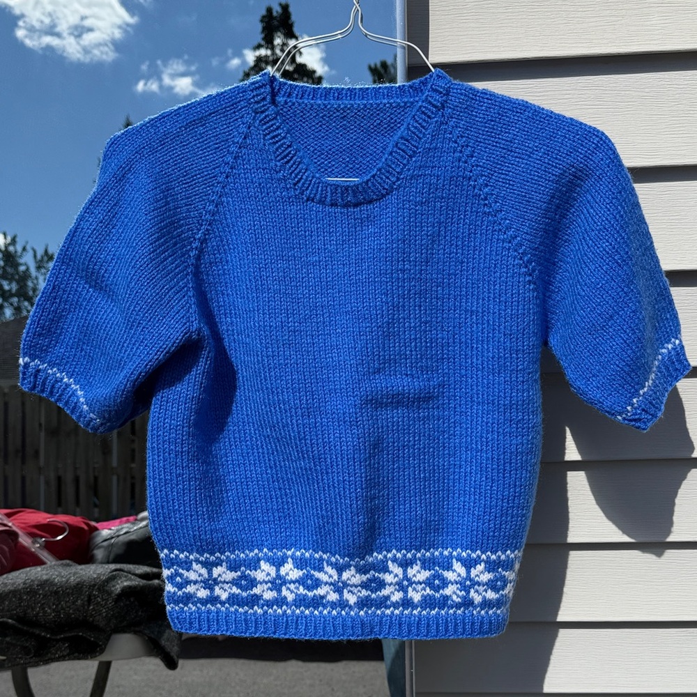 Handmade Blue Knit Sweater with White Snowflake Pattern